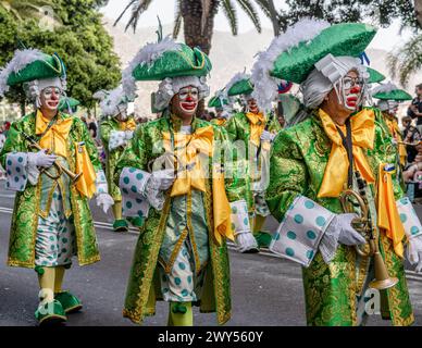 Gruppo di persone in costumi molto elaborati durante la sfilata di Carnevale di Tenerife 2024 Foto Stock