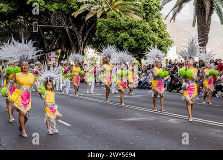 Gruppo di bambini in costumi molto elaborati durante la sfilata di Carnevale di Tenerife 2024 Foto Stock