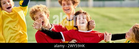 Un gruppo eterogeneo di giovani individui di varie etnie e generi stanno a stretto contatto, traendo un senso di unità e cameratismo. Ogni persona Foto Stock