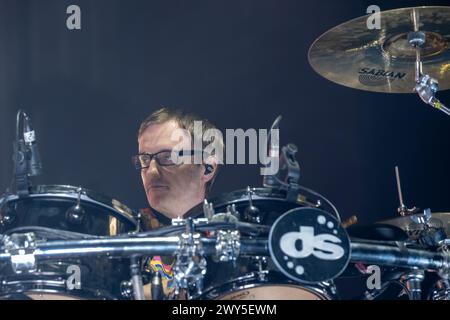 Mantova, Italia. 3 aprile 2024. Ninja, nome d'arte di Enrico Matta, suona la batteria durante il Subsonica 2024 Tour al PalaUnical il 3 aprile 2024 a Mantova. Credito: Agenzia fotografica indipendente/Alamy Live News Foto Stock