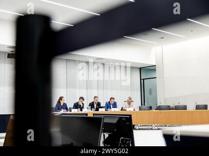 L'AIA - (L-R) Karina Beuving (veterinaria), Niels Gilissen (monumenti naturali), Michiel de WIT (protezione degli animali), Arnoud Meijering (Associazione reale dei cacciatori olandesi) e Jakob Leidekker (Parco Nazionale De Hoge Veluwe) durante una tavola rotonda sul lupo nei Paesi Bassi. La commissione per l'agricoltura, la natura e la qualità degli alimenti vorrebbe essere informata sulla posizione di questo animale. ANP REMKO DE WAAL paesi bassi - uscita belgio Foto Stock