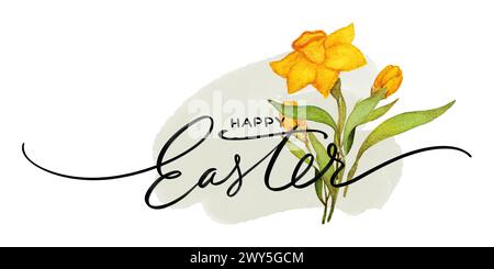 Illustrazione dei fiori dell'acquerello di Narcissus. Composizione floreale con scritta "Happy Easter". Illustrazione del fiore della molla. Acquerello disegnato a mano Foto Stock