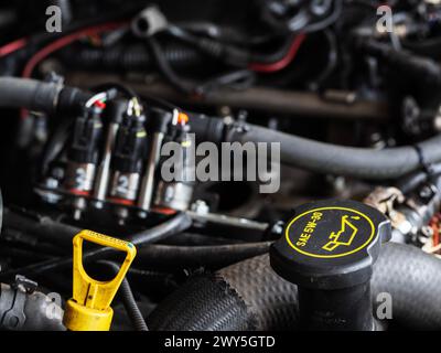 Garham, Germania. 4 aprile 2024. Motore 2001 Ford Ranger 4.0L con collettore di aspirazione rimosso durante un intervento di riparazione. (Foto di Igor Golovniov/SOPA Images/Sipa USA) credito: SIPA USA/Alamy Live News Foto Stock