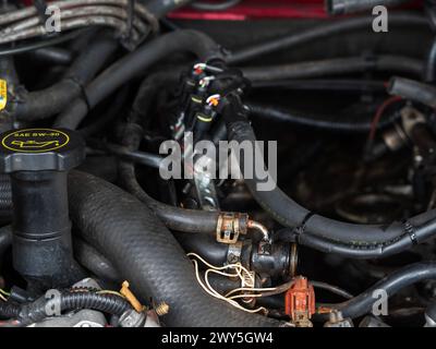 Garham, Germania. 4 aprile 2024. Motore 2001 Ford Ranger 4.0L con collettore di aspirazione rimosso durante un intervento di riparazione. (Foto di Igor Golovniov/SOPA Images/Sipa USA) credito: SIPA USA/Alamy Live News Foto Stock