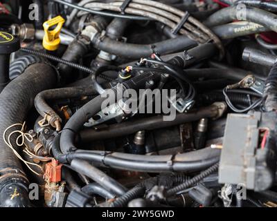 Garham, Germania. 4 aprile 2024. Motore 2001 Ford Ranger 4.0L con collettore di aspirazione rimosso durante un intervento di riparazione. (Foto di Igor Golovniov/SOPA Images/Sipa USA) credito: SIPA USA/Alamy Live News Foto Stock