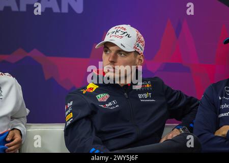 Circuito di Suzuka, mie, Giappone. 4.April.2024; Max Verstappen dei Paesi Bassi e Oracle Red Bull Racing partecipano alla conferenza stampa durante la Formula 1 Foto Stock