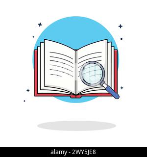 Illustrazione Open Book and Magnifying Glass Vector (Apri libro e lente di ingrandimento). Progettazione concettuale di ricerca e analisi Illustrazione Vettoriale