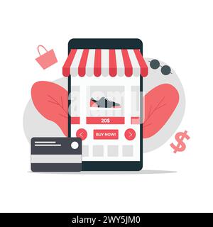 Shopping online su smartphone illustrazione vettoriale. Progettazione del concetto di shopping online isolata. Design piatto Illustrazione Vettoriale