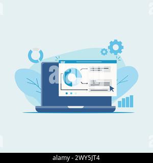 Analisi delle prestazioni e verifica di tutti i grafici e i dati sull'illustrazione vettoriale dello schermo del notebook Illustrazione Vettoriale