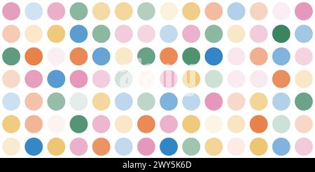 Divertente sfondo tratteggiato astratto in colori arcobaleno. Motivo a pois colorato sbiadito. Cerchi coriandoli su sfondo beige. Sfondo orizzontale retro. Illustrazione Vettoriale