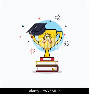 Trofeo con cappello graduato e illustrazione del vettore del libro. Progettazione concettuale di risultati accademici Illustrazione Vettoriale