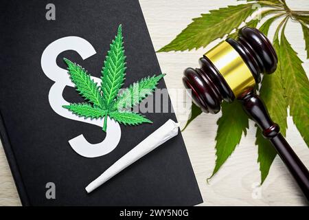 Cannabis-Blatt und Joint auf einem Gesetzbuch mit Richterhammer, Cannabis-Legalisierung und Rechtsprechung *** foglie di Cannabis e giunto su un libro di legge con i giudici martelletto, legalizzazione della cannabis e giurisprudenza Foto Stock