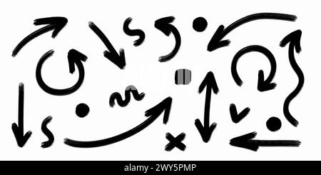 Set di frecce nere di forme diverse. Freccia tratteggiata, freccia arrotondata Illustrazione Vettoriale