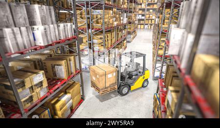 Magazzino industriale con un carrello elevatore che sposta scatole di carico tra scaffali alti. rendering 3d. Foto Stock