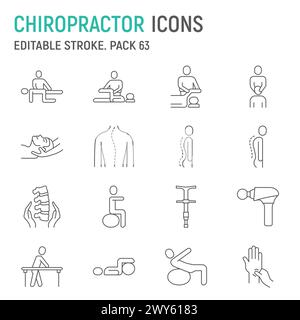 Set di icone della linea chiropratica, raccolta di riabilitazione umana, grafica vettoriale, illustrazioni logo, icone vettoriali di fisioterapia, segni chiropratici, uscita Illustrazione Vettoriale