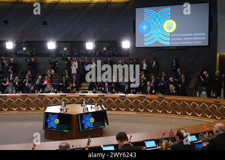 Bruxelles, Belgio. 4 aprile 2024. Vista plenaria di una riunione dei ministri degli Esteri della NATO presso la sede della NATO a Bruxelles, Belgio, il 4 aprile 2024. Crediti: ALEXANDROS MICHAILIDIS/Alamy Live News Foto Stock