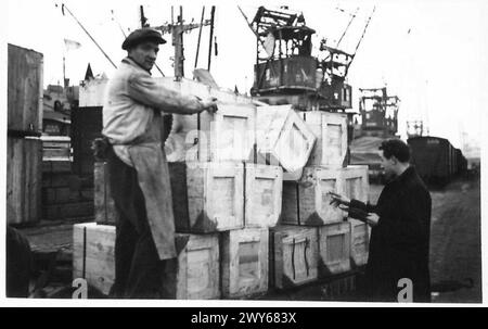 PORTO DI ANVERSA IN PIENO SVOLGIMENTO - lo Checker al lavoro --- vede che tutto viene fuori e che è destinato a venire fuori. , British Army, 21st Army Group Foto Stock