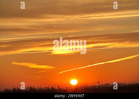 Alba sulla foce dell'Elba vicino Otterndorf nella bassa Sassonia, con un cielo arancione luminoso e nuvole e una luminosa sfera di sole sullo sfondo. Foto Stock