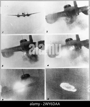 Uno Junkers Ju 88 viene abbattuto sopra la Baia di Biscaglia dal tenente di volo J. Singleton e dall'operatore radar J.W. Haslam in un De Havilland Mosquito NF Mark II del No. 25 Squadron RAF, documentato dal Royal Air Force Fighter Command. Foto Stock