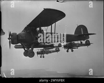 Quattro siluri Fairey Swordfish Mk i del No. 785 Squadron, Fleet Air Arm, volano in formazione durante un volo di addestramento dalla Royal Naval Air Station Crail durante la seconda guerra mondiale. Foto Stock