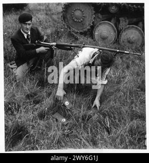 MOVIMENTO DI RESISTENZA FRANCESE NEL VILLAGGIO DI BEAUMESNIL EURE - quest'uomo che solleva mine tedesche è l'esperto di miniere del movimento. , British Army, 21st Army Group Foto Stock