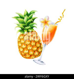 Composizione acquerello con illustrazioni tropicali paglia con cocktail, ananas, frangipani isolati sullo sfondo. Splendido rinfresco dipinto a mano Foto Stock