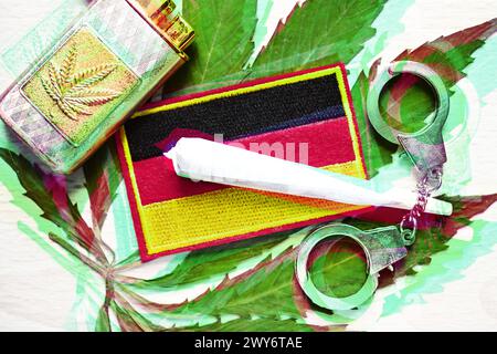 Joint und Deutschland-Fahne auf Cannabis-Blatt mit Handschellen, Cannabis-Legalisierung *** bandiera congiunta e Germania su foglia di cannabis con manette, legalizzazione della cannabis Foto Stock