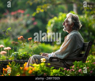 Un uomo anziano siede su una panchina in un parco, circondato da fiori. Concetto di tranquillità e relax, mentre l'uomo gode dell'atmosfera tranquilla del Foto Stock