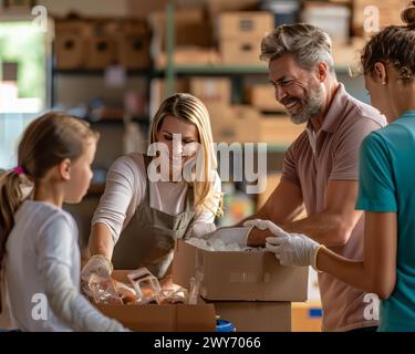 Una famiglia sta lavorando insieme per scaricare le scatole da un camion. L'uomo indossa una camicia rosa e la donna indossa un grembiule. I bambini sorridono Foto Stock