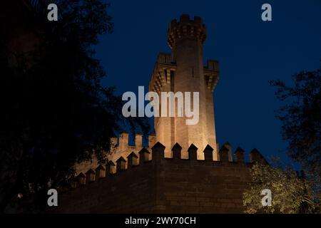 Torre di un vecchio castello fortificato di notte, Palma di Maiorca, Spagna Foto Stock