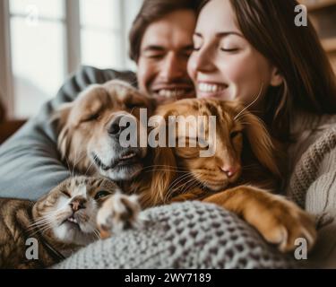 Un uomo e una donna si stendono su un divano, circondati da due cani e un gatto. Foto Stock