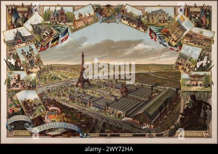 TORRE EIFFEL 1889 costruita per la Fiera dei Mondi Universelle di Parigi 1889 Vintage Historic poster retro Card, celebrazione delle arti, delle scienze, del commercio, dell'agricoltura, industria, lavoro. Parigi, Francia, anni '1800 Foto Stock