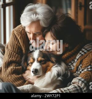 Una coppia più anziana abbraccia il proprio cane seduto su un divano. Foto Stock