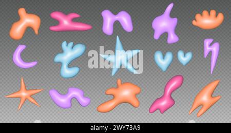 Forme gonfiate, scarabocchi 3d astratti, graziosi elementi in plastica. Set di oggetti fluidi colorati. Illustrazione Vettoriale