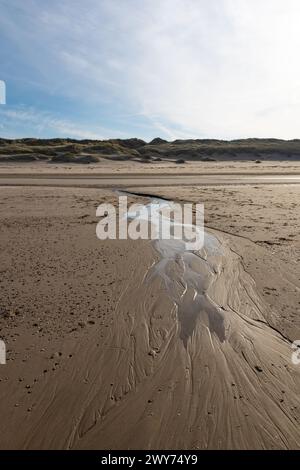 La spiaggia del Mare del Nord vicino a Egmond aan Zee, Paesi Bassi, con strutture nella sabbia durante la bassa marea Foto Stock