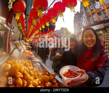 Diversi gruppi di persone si sono riuniti intorno a un'affollata area ristoro all'aperto. Foto Stock