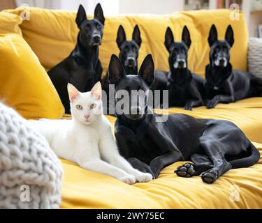 Più cani e gatti sono seduti su un divano. Foto Stock