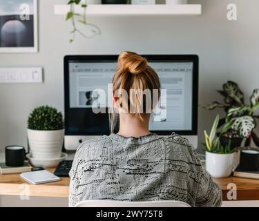 Una donna è seduta a una scrivania con un monitor di fronte a lei. Ha una coda di cavallo e indossa una camicia grigia. La scrivania è ingombrante con vario Foto Stock