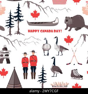Felice giornata Nazionale del Canada, motivo senza cuciture con simboli canadesi. Castoro, oca, canoa, teepee, hockey, polizia reale, foglie d'acero e montagne Illustrazione Vettoriale
