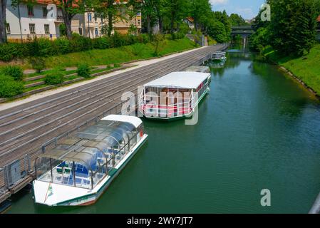 Barche turistiche che navigano sul fiume Lubiana nella capitale slovena Lubiana Foto Stock