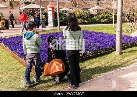 Una donna con due bambini guarda i fiori nel parco. Copenaghen, Danimarca Foto Stock