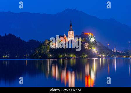 Vista notturna della chiesa dell'assunzione di Maria e del castello di Bled sul lago di Bled in Slovenia Foto Stock