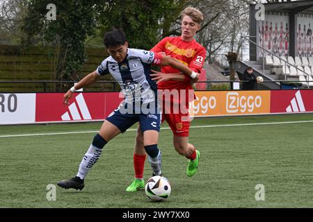 AMSTERDAM - (l-r) Edwin Soto del CF Pachuca U17, Victor Gustafsen FC Nordsjaelland U17 durante l'Ajax Future Cup 2024 partita tra CF Pachuca o17 e FC Nordsjaelland o17 al complesso sportivo De Toekomst il 1 aprile 2024 ad Amsterdam, Paesi Bassi. ANP | Hollandse Hoogte | GERRIT VAN COLOGNE Foto Stock