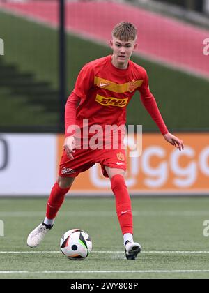 AMSTERDAM - Villads Rutkjaer FC Nordsjaelland U17 durante la partita dell'Ajax Future Cup 2024 tra CF Pachuca o17 e FC Nordsjaelland o17 al complesso sportivo De Toekomst il 1 aprile 2024 ad Amsterdam, Paesi Bassi. ANP | Hollandse Hoogte | GERRIT VAN COLOGNE Foto Stock