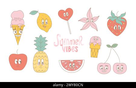 Ottima frutta estiva, gelati, stelle. Funky mascotte di ananas, fragole, caramelle, mele, ciliegie. Frutta moderna carina vettoriale. Illustrazione Vettoriale