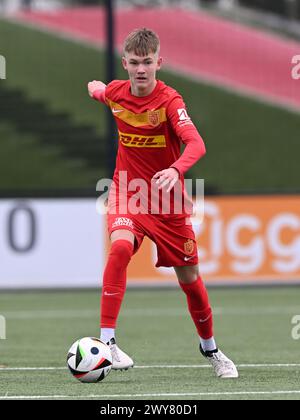 AMSTERDAM - Villads Rutkjaer FC Nordsjaelland U17 durante la partita dell'Ajax Future Cup 2024 tra CF Pachuca o17 e FC Nordsjaelland o17 al complesso sportivo De Toekomst il 1 aprile 2024 ad Amsterdam, Paesi Bassi. ANP | Hollandse Hoogte | GERRIT VAN COLOGNE Foto Stock