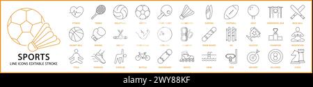 Icone dello sport. Set di icone Sport. Icone della linea sportiva. Illustrazione vettoriale. Traccia modificabile. Illustrazione Vettoriale
