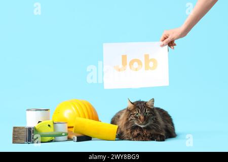 Gatto carino con strumenti per muratori, mano con LAVORO di parole e lattine di vernici su sfondo colorato Foto Stock