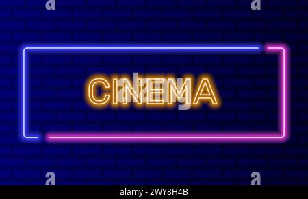 Cinema con insegne al neon in cornice a bolla su sfondo a muro. Banner luminoso sullo sfondo della parete. Pulsante Cinema per film o film, design Illustrazione Vettoriale