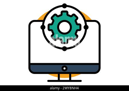icona di sviluppo. monitorare con l'ingranaggio. icona relativa al piano d'azione, business. stile icona linea piatta. illustrazione degli elementi aziendali Illustrazione Vettoriale